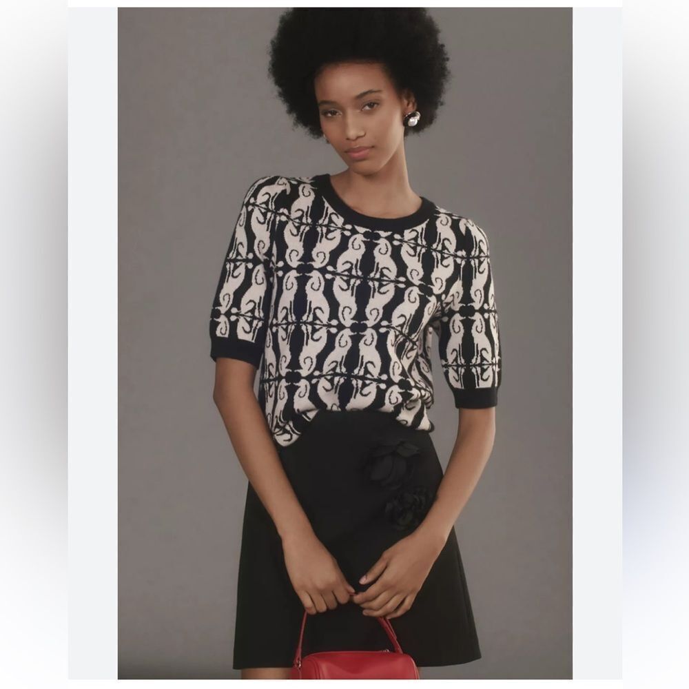 Anthropologie Maeve Harmon Jacquard Sweater Tee Poodle print